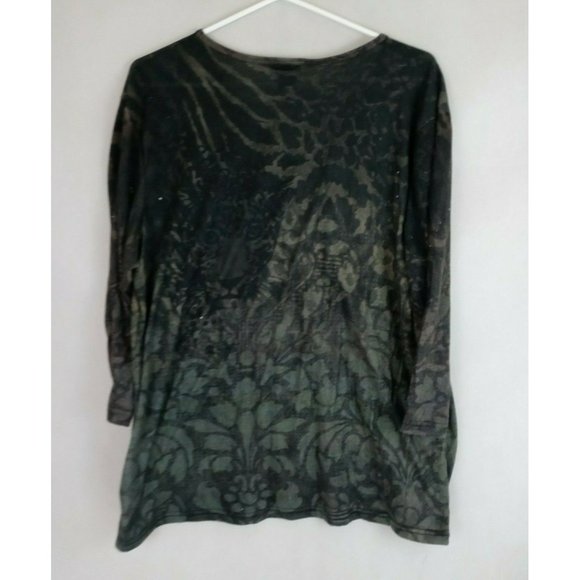 Trilllogy by Morning Sun Green Beaded Floral Leopard Design Shirt Size XL - Picture 2 of 6